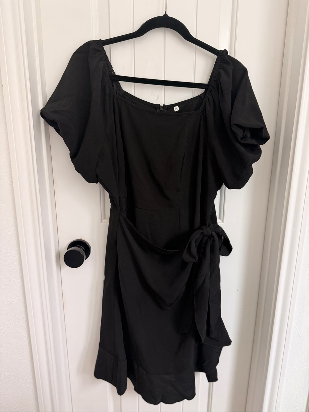 Black Puff-Sleeve Wrap Dress
